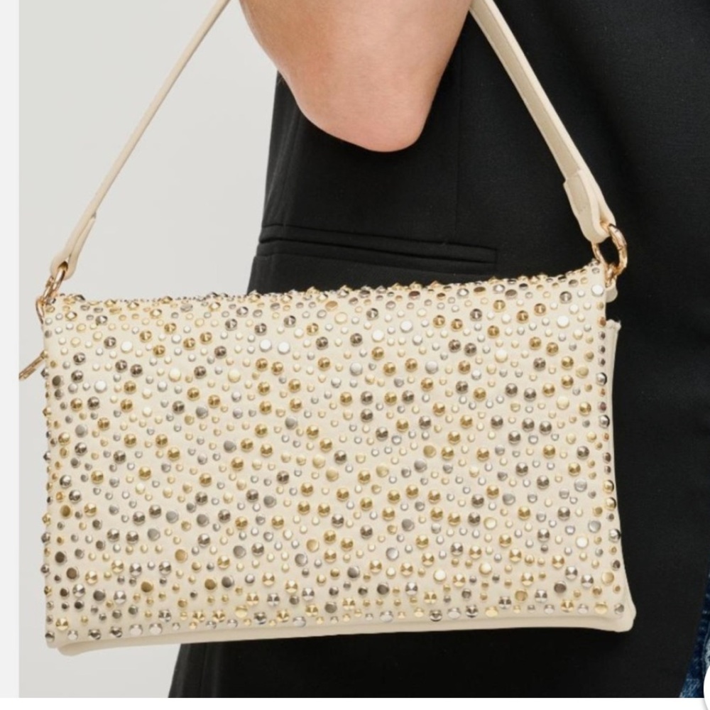 Urban Expressions Cream crossbody shoulder bag with Gold & Silver Studs